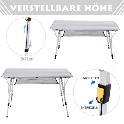 Picnic Folding Table, Foldable Camping Table with Adjustable Height, Includes Carrying Bag, Aluminum, Silver, 120 x 69 x 59-78 cm