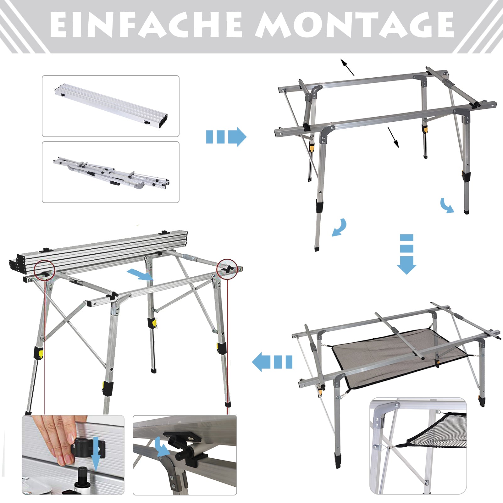 Picnic Folding Table, Foldable Camping Table with Adjustable Height, Includes Carrying Bag, Aluminum, Silver, 120 x 69 x 59-78 cm