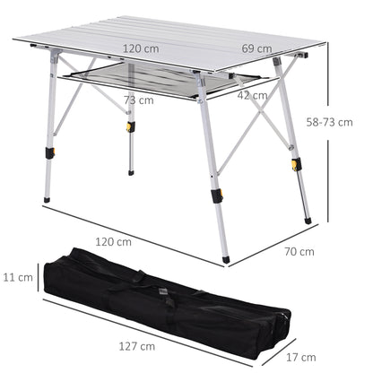 Picnic Folding Table, Foldable Camping Table with Adjustable Height, Includes Carrying Bag, Aluminum, Silver, 120 x 69 x 59-78 cm