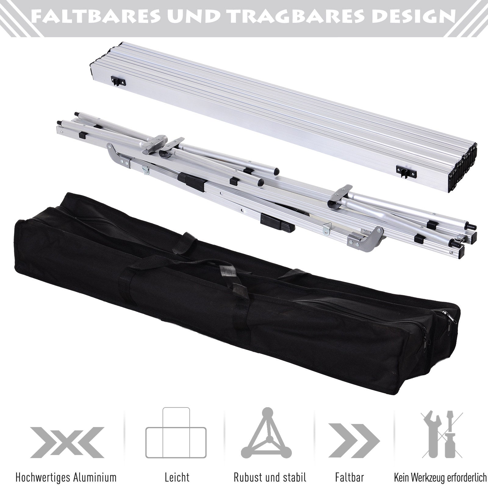 Picnic Folding Table, Foldable Camping Table with Adjustable Height, Includes Carrying Bag, Aluminum, Silver, 120 x 69 x 59-78 cm