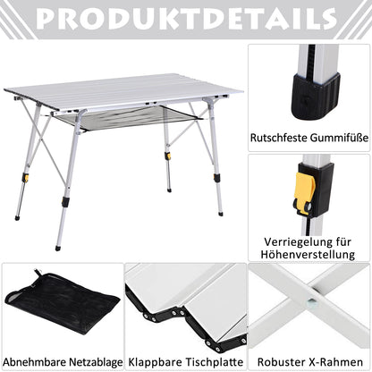 Picnic Folding Table, Foldable Camping Table with Adjustable Height, Includes Carrying Bag, Aluminum, Silver, 120 x 69 x 59-78 cm