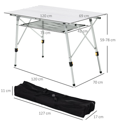 Picnic Folding Table, Foldable Camping Table with Adjustable Height, Includes Carrying Bag, Aluminum, Silver, 120 x 69 x 59-78 cm