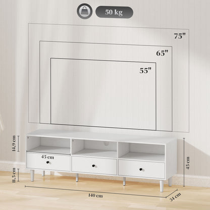 TV Stand TV Cabinet Wood TV Stand for TVs up to 75" with 3 Drawers, 3 Open Shelves, Cable Management, for Living Room Bedroom, 140 x 34 x 45 cm, White