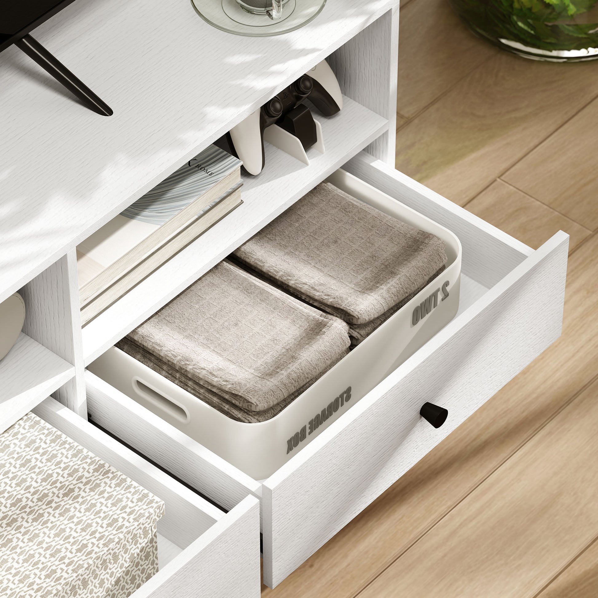 TV Stand TV Cabinet Wood TV Stand for TVs up to 75" with 3 Drawers, 3 Open Shelves, Cable Management, for Living Room Bedroom, 140 x 34 x 45 cm, White