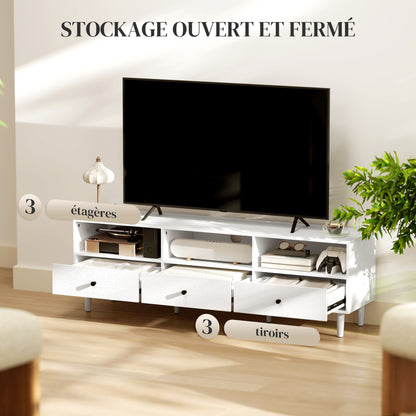 TV Stand TV Cabinet Wood TV Stand for TVs up to 75" with 3 Drawers, 3 Open Shelves, Cable Management, for Living Room Bedroom, 140 x 34 x 45 cm, White