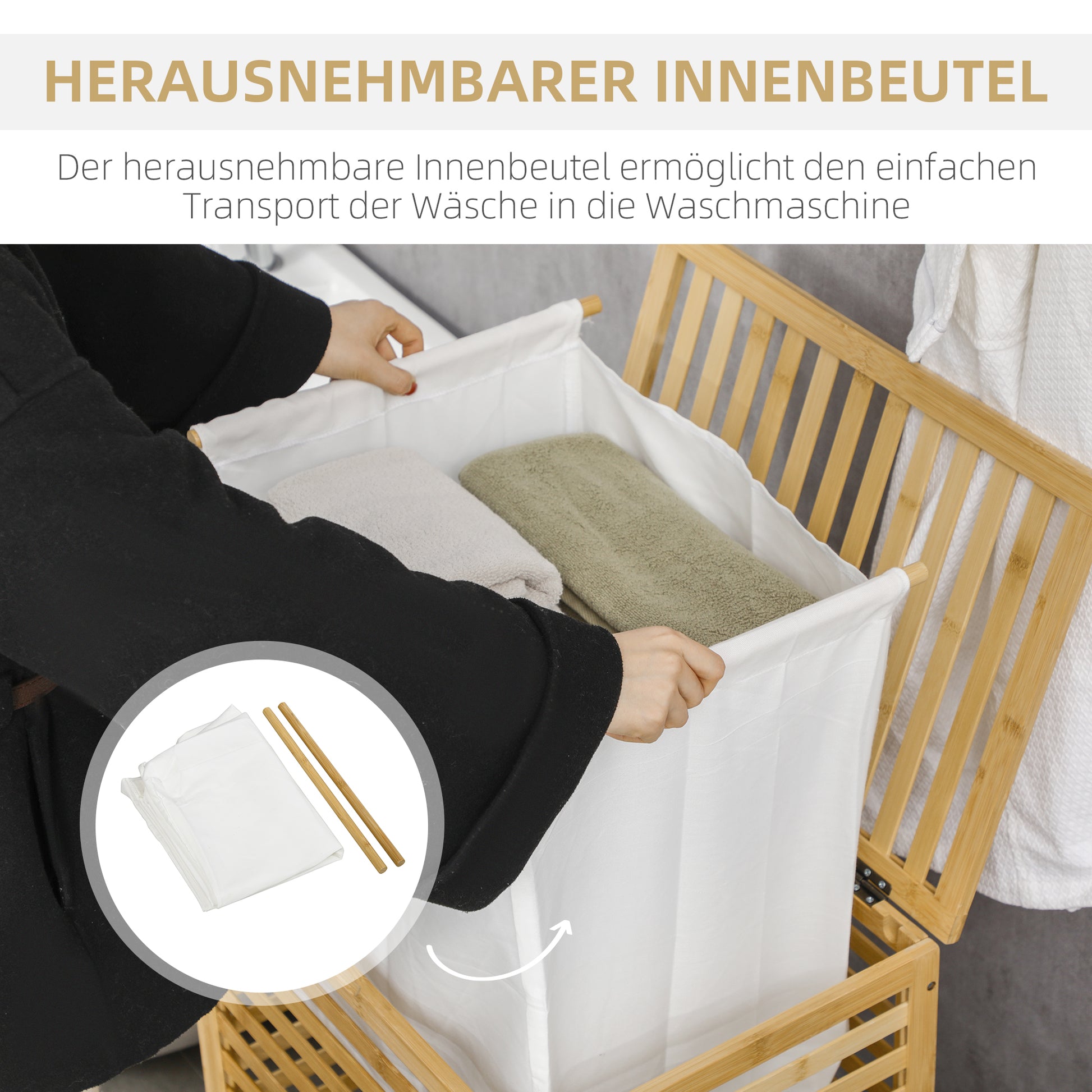 Laundry Basket Hamper 55L Laundry Box, Laundry Collector with Lid, Removable Laundry Bag, for Bedroom, Bathroom, Bamboo, 50 x 36 x 60 cm, Natural