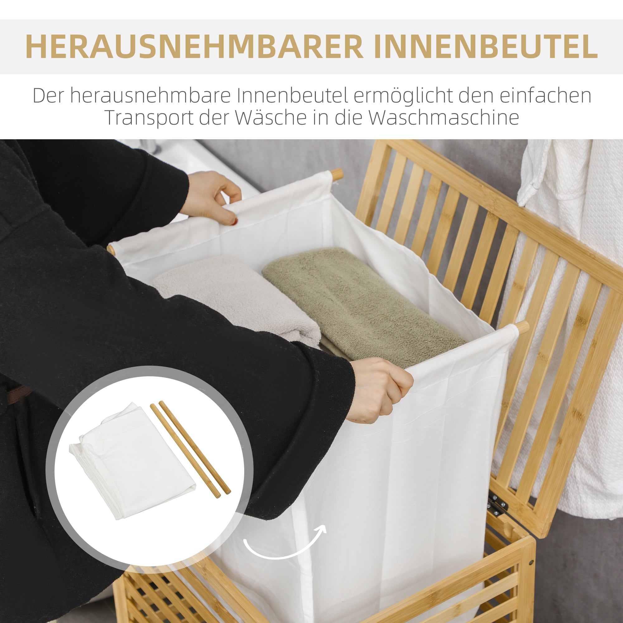 Laundry Basket Hamper 55L Laundry Box, Laundry Collector with Lid, Removable Laundry Bag, for Bedroom, Bathroom, Bamboo, 50 x 36 x 60 cm, Natural