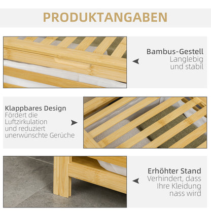 Laundry Basket Hamper 55L Laundry Box, Laundry Collector with Lid, Removable Laundry Bag, for Bedroom, Bathroom, Bamboo, 50 x 36 x 60 cm, Natural