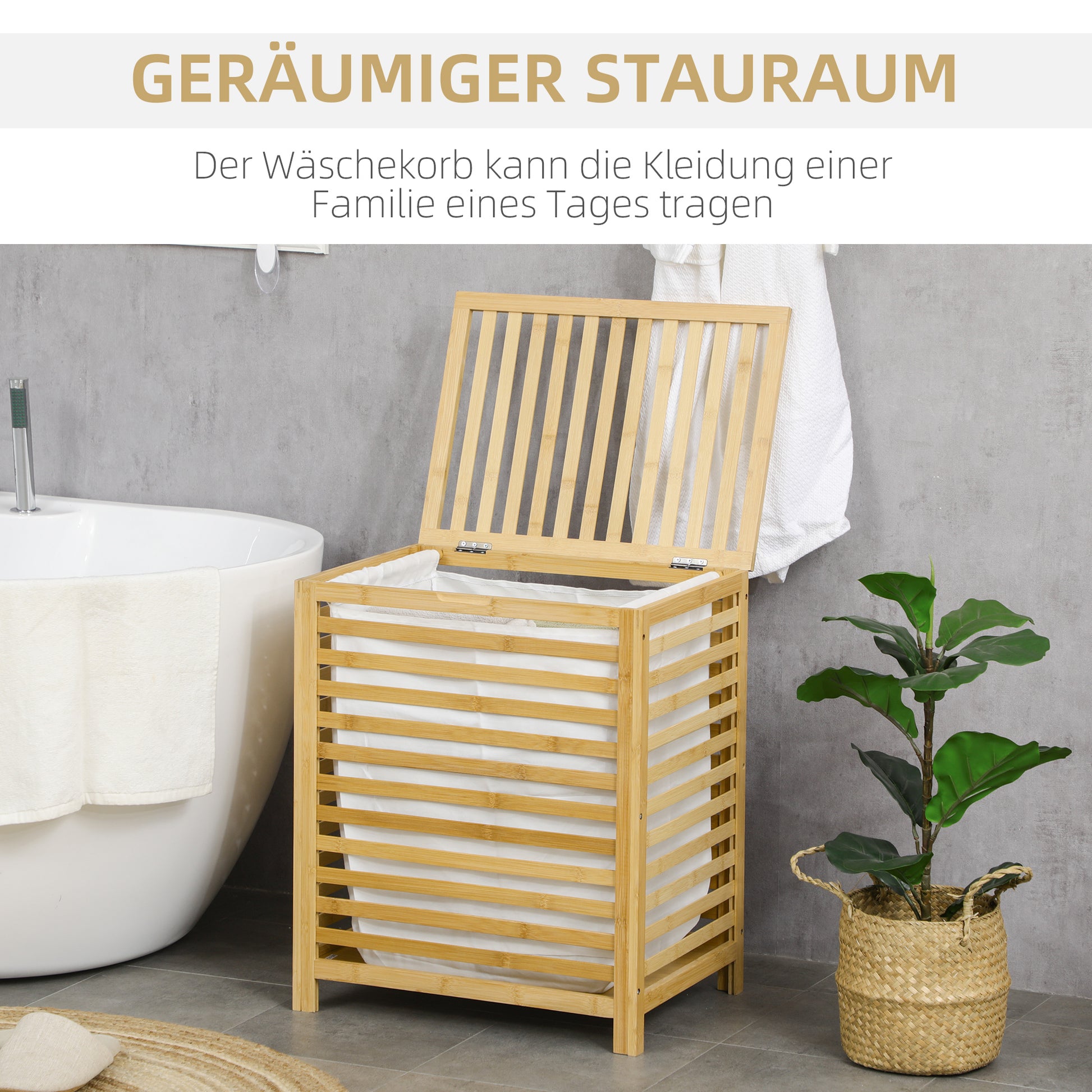 Laundry Basket Hamper 55L Laundry Box, Laundry Collector with Lid, Removable Laundry Bag, for Bedroom, Bathroom, Bamboo, 50 x 36 x 60 cm, Natural