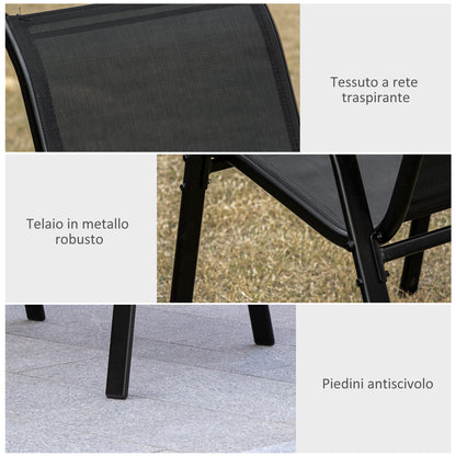 Set of 4 Metal and Breathable Fabric Garden Chairs, Outdoor Chairs for Balcony with Armrests, 70x54x90cm, Black