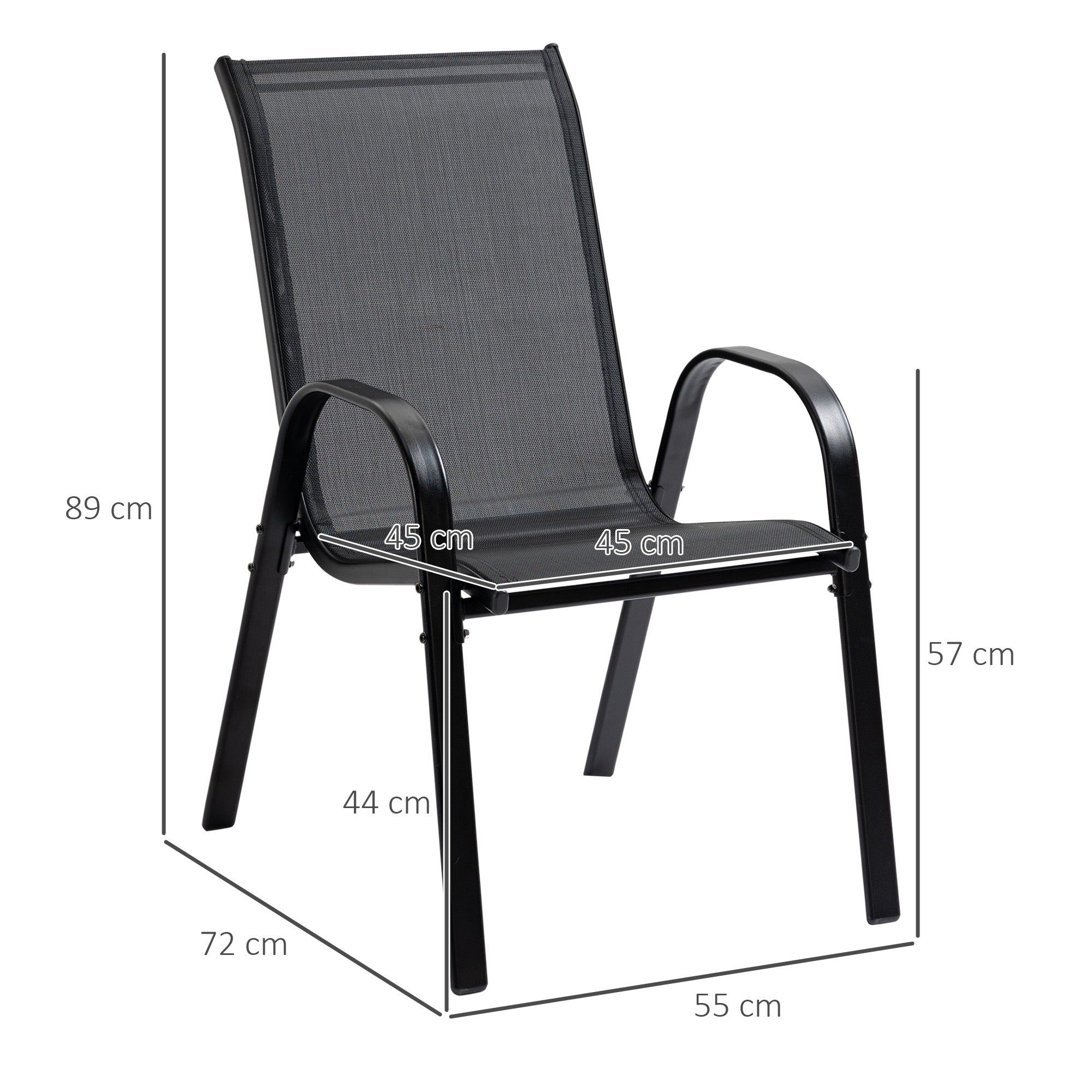 Set of 4 Metal and Breathable Fabric Garden Chairs, Outdoor Chairs for Balcony with Armrests, 70x54x90cm, Black