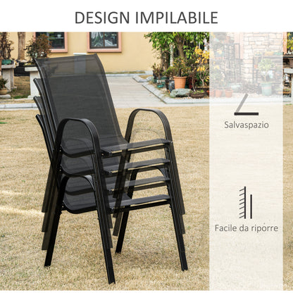Set of 4 Metal and Breathable Fabric Garden Chairs, Outdoor Chairs for Balcony with Armrests, 70x54x90cm, Black