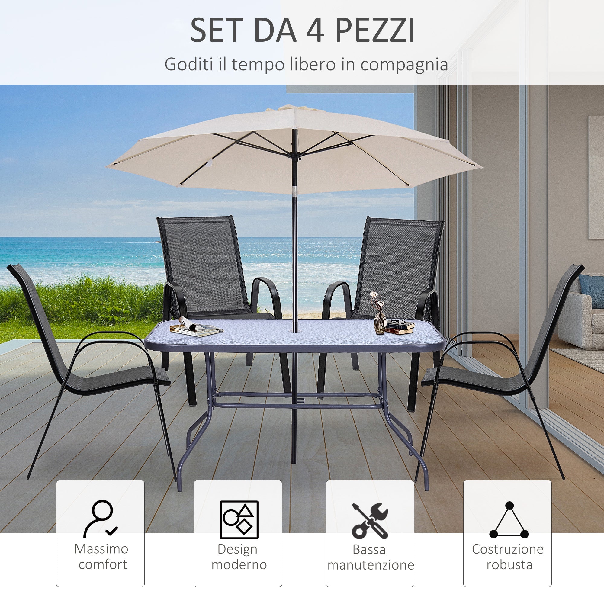 Set of 4 Metal and Breathable Fabric Garden Chairs, Outdoor Chairs for Balcony with Armrests, 70x54x90cm, Black