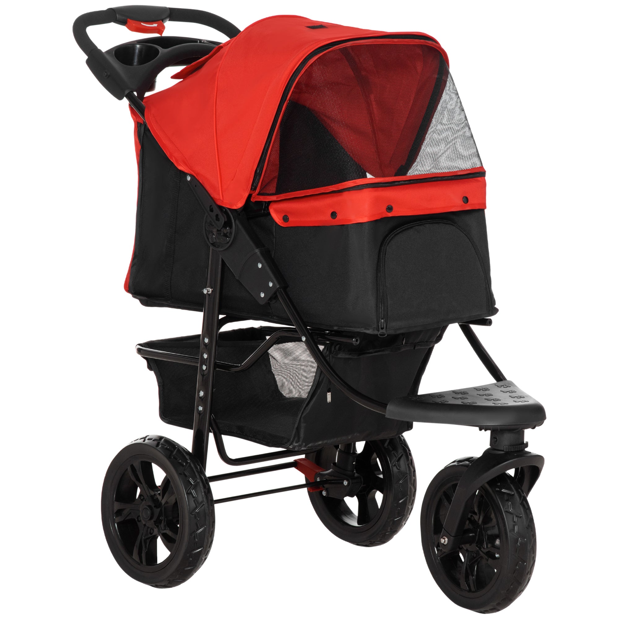 Foldable Dog Stroller Pet Stroller for Small Dogs with 3 Wheels Mesh Windows Basket and Safety Straps Load 25 kg 109.5x57.5x106.5 cm Red