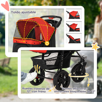 Foldable Dog Stroller Pet Stroller for Small Dogs with 3 Wheels Mesh Windows Basket and Safety Straps Load 25 kg 109.5x57.5x106.5 cm Red