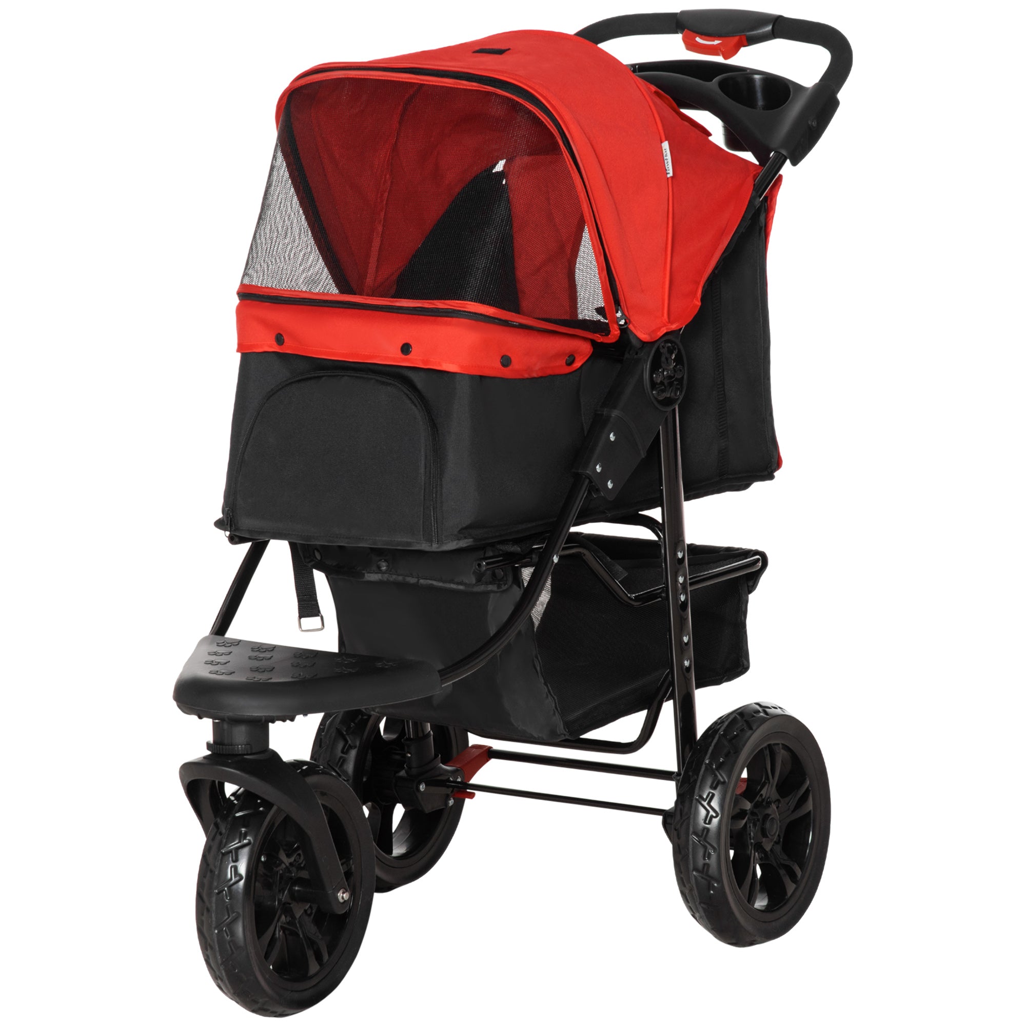 Foldable Dog Stroller Pet Stroller for Small Dogs with 3 Wheels Mesh Windows Basket and Safety Straps Load 25 kg 109.5x57.5x106.5 cm Red