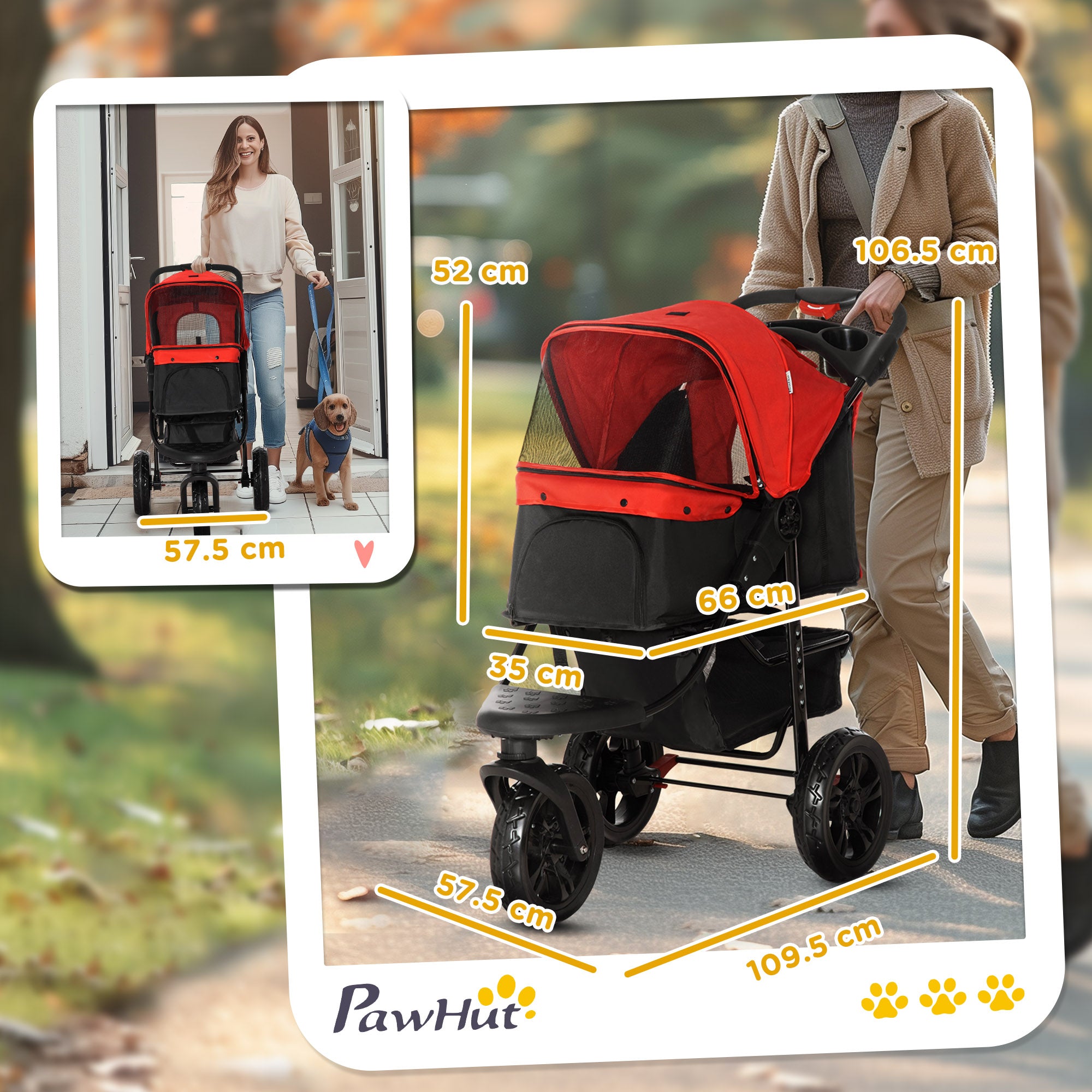 Foldable Dog Stroller Pet Stroller for Small Dogs with 3 Wheels Mesh Windows Basket and Safety Straps Load 25 kg 109.5x57.5x106.5 cm Red