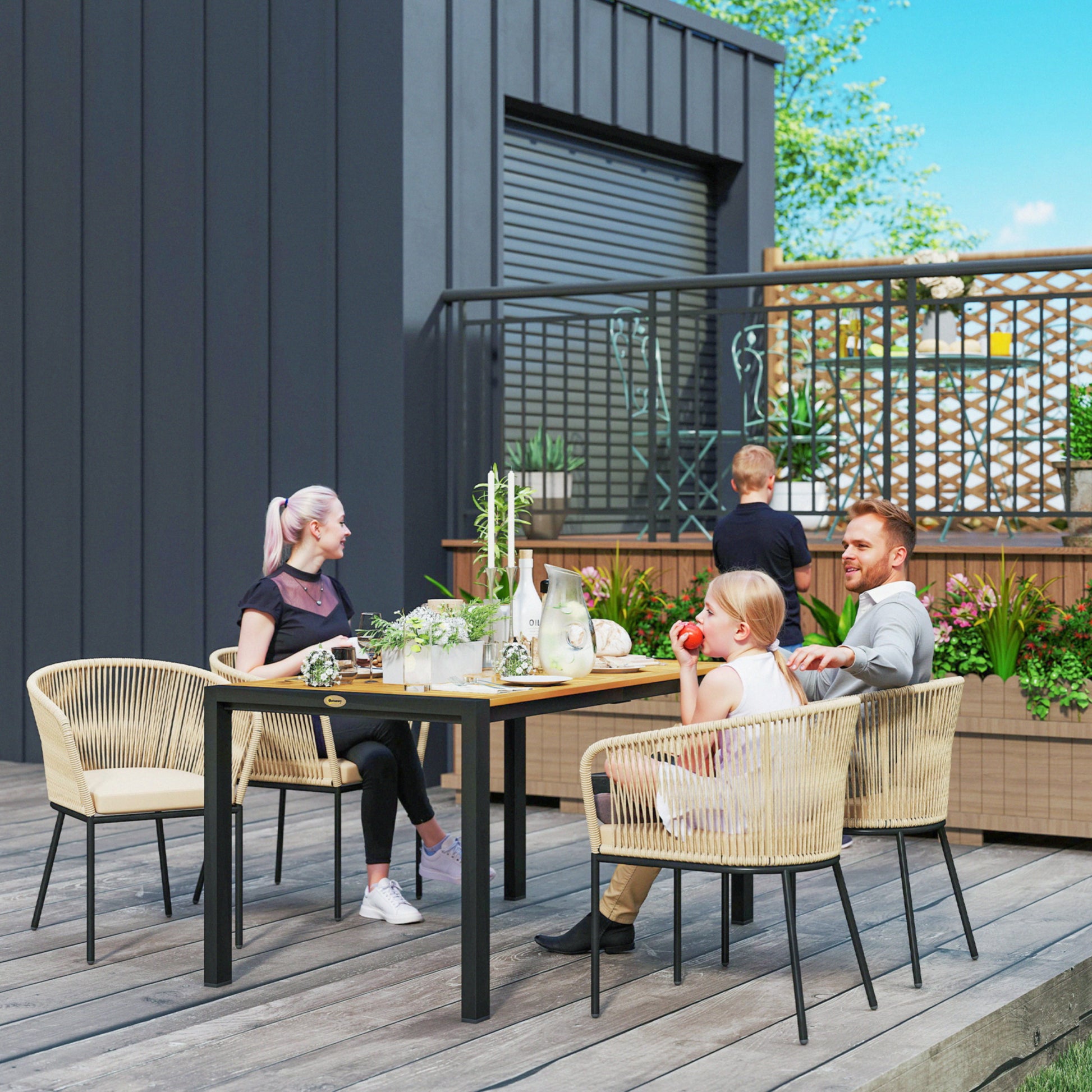 5-piece Poly Rattan Garden Furniture Set for 4 people, weatherproof balcony furniture with table 4 chairs removable seat cushions, outdoor terrace furniture lounge set for balcony, garden, natural wood + khaki