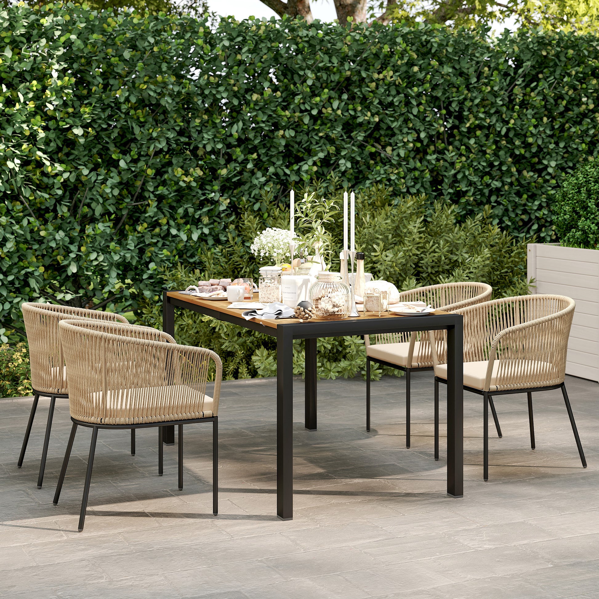 5-piece Poly Rattan Garden Furniture Set for 4 people, weatherproof balcony furniture with table 4 chairs removable seat cushions, outdoor terrace furniture lounge set for balcony, garden, natural wood + khaki