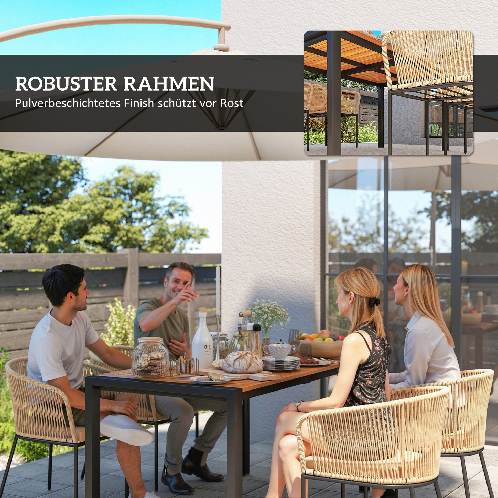 5-piece Poly Rattan Garden Furniture Set for 4 people, weatherproof balcony furniture with table 4 chairs removable seat cushions, outdoor terrace furniture lounge set for balcony, garden, natural wood + khaki