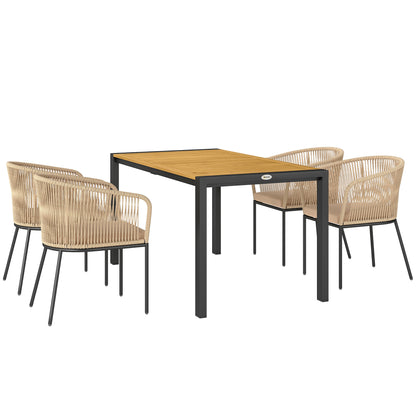 5-piece Poly Rattan Garden Furniture Set for 4 people, weatherproof balcony furniture with table 4 chairs removable seat cushions, outdoor terrace furniture lounge set for balcony, garden, natural wood + khaki