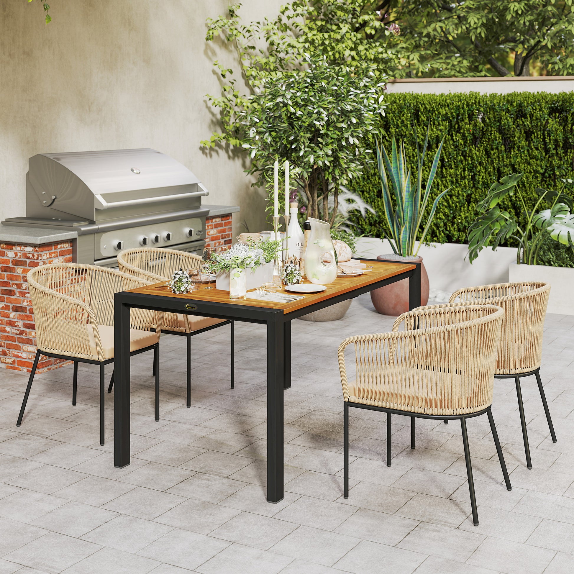 5-piece Poly Rattan Garden Furniture Set for 4 people, weatherproof balcony furniture with table 4 chairs removable seat cushions, outdoor terrace furniture lounge set for balcony, garden, natural wood + khaki