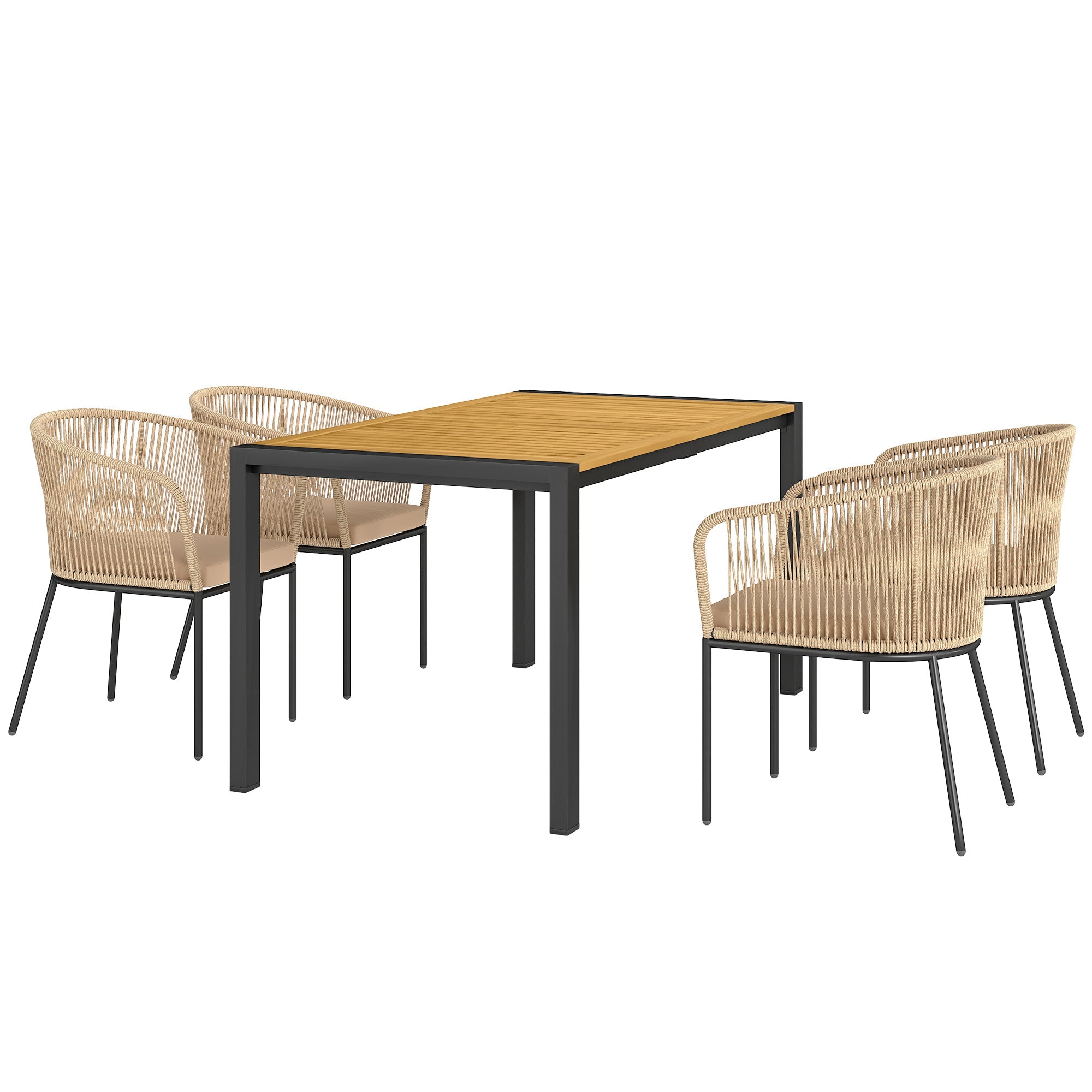 5-piece Poly Rattan Garden Furniture Set for 4 people, weatherproof balcony furniture with table 4 chairs removable seat cushions, outdoor terrace furniture lounge set for balcony, garden, natural wood + khaki