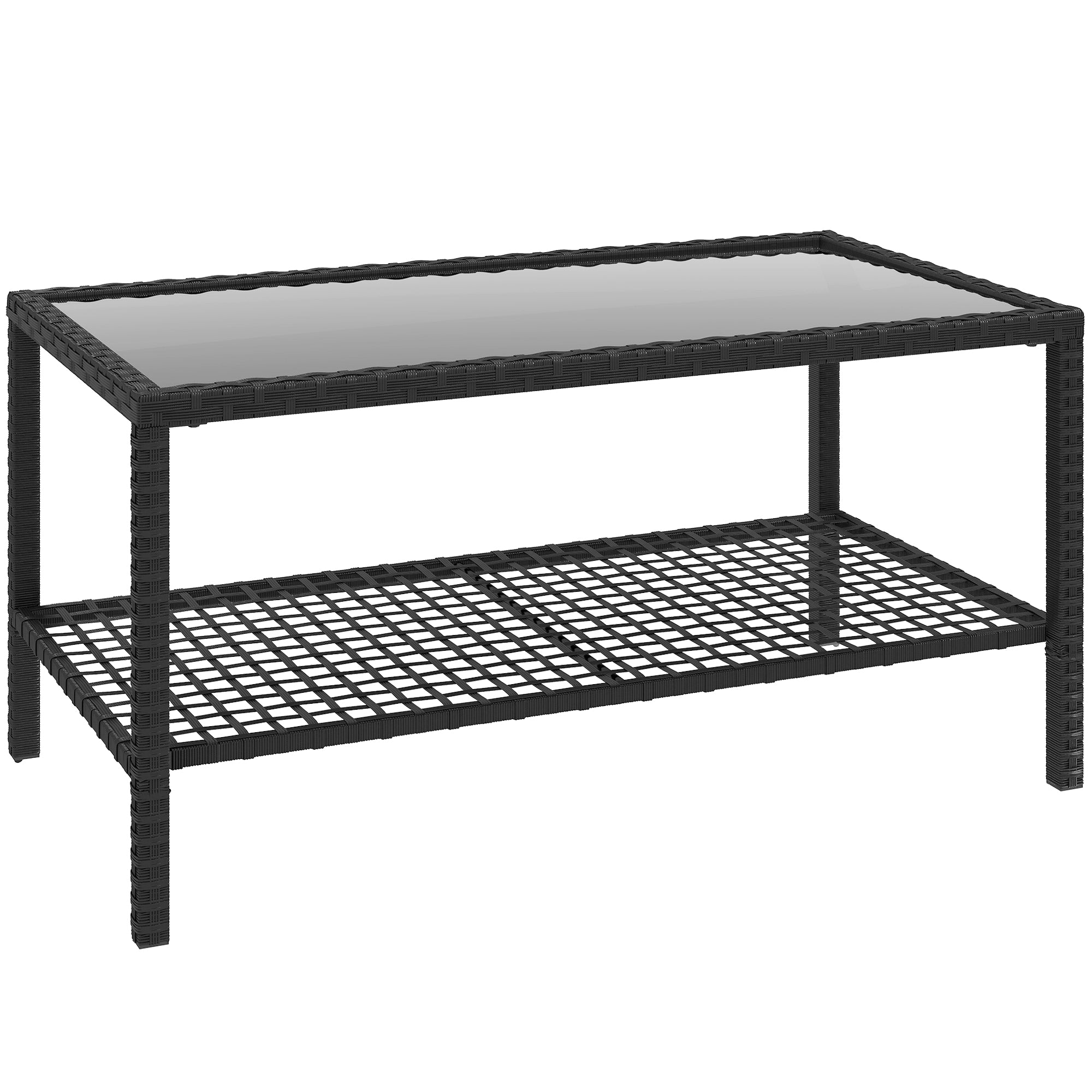 Rattan Garden Side Table with Shelf, Tempered Glass Top & Steel Frame — 92 x 50 x 45 cm (36.2 x 19.7 x 17.7 in), Black