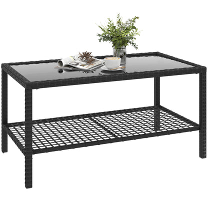Rattan Garden Side Table with Shelf, Tempered Glass Top & Steel Frame — 92 x 50 x 45 cm (36.2 x 19.7 x 17.7 in), Black