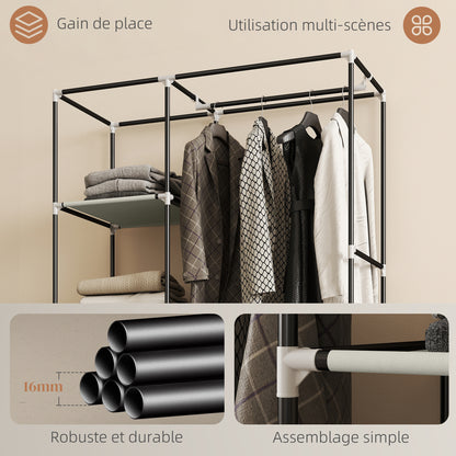 Fabric Wardrobe Organizer with Hanging Rail & Open Shelves, 40.6 x 16.9 x 64.0 in (103 x 43 x 162.5 cm) — Cream