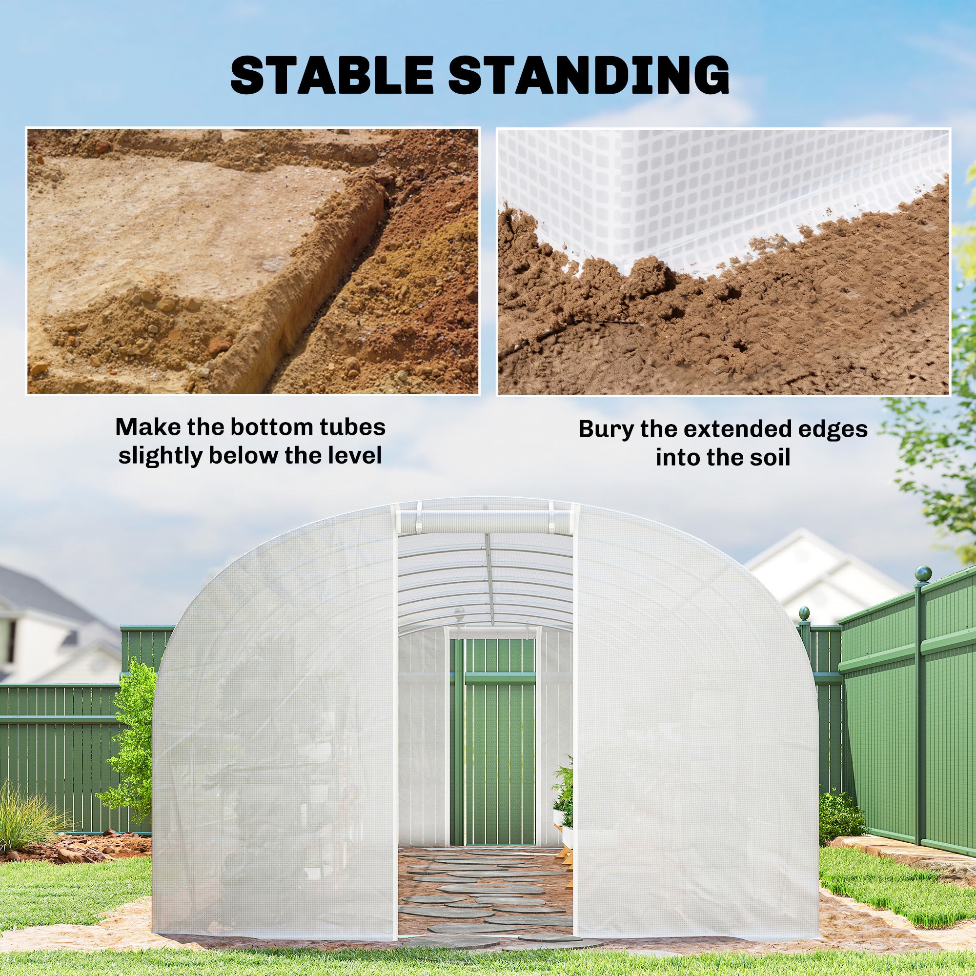 24 m² (258 sq ft) Tunnel Greenhouse — Galvanized Steel Frame, Roll-Up Doors & 2 Large Mesh Windows, 140 gsm PE Cover, White