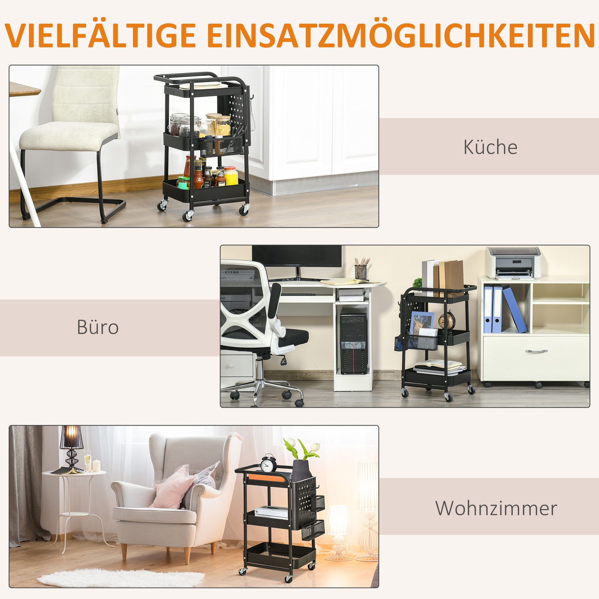 Serving Trolley with 3 Levels Kitchen Cart with Wheels Handle Trolley with Hooks and Basket, Kitchen Shelf, Utility Cart for Kitchen Office Bathroom, Black