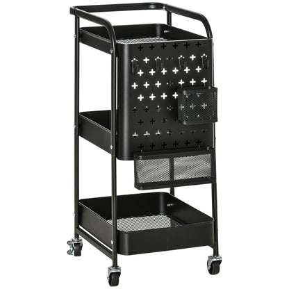 Serving Trolley with 3 Levels Kitchen Cart with Wheels Handle Trolley with Hooks and Basket, Kitchen Shelf, Utility Cart for Kitchen Office Bathroom, Black
