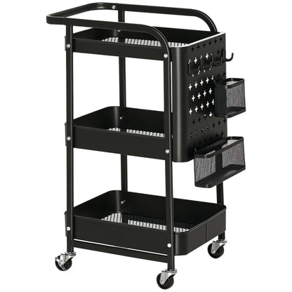Serving Trolley with 3 Levels Kitchen Cart with Wheels Handle Trolley with Hooks and Basket, Kitchen Shelf, Utility Cart for Kitchen Office Bathroom, Black
