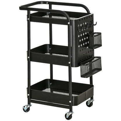 Serving Trolley with 3 Levels Kitchen Cart with Wheels Handle Trolley with Hooks and Basket, Kitchen Shelf, Utility Cart for Kitchen Office Bathroom, Black