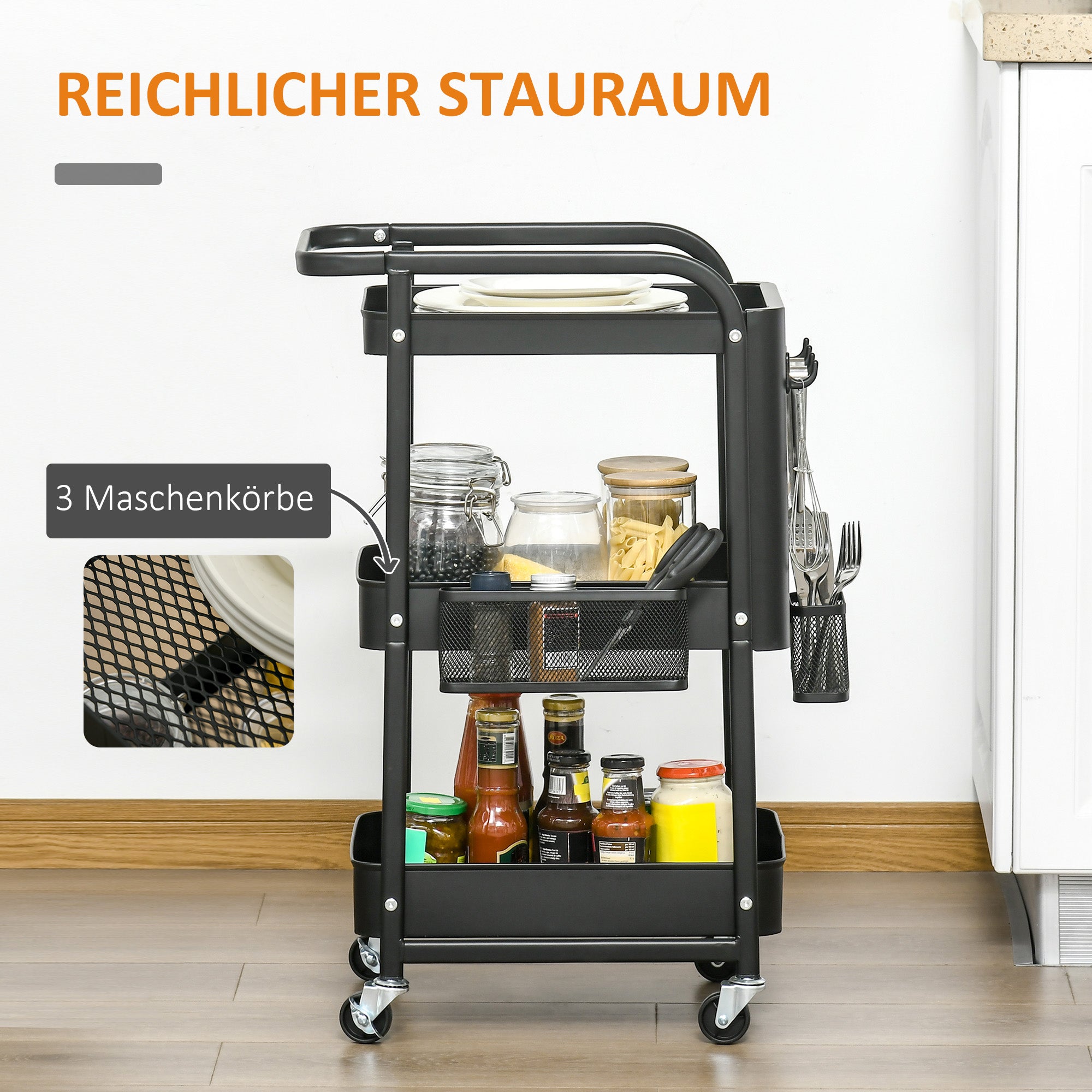 Serving Trolley with 3 Levels Kitchen Cart with Wheels Handle Trolley with Hooks and Basket, Kitchen Shelf, Utility Cart for Kitchen Office Bathroom, Black