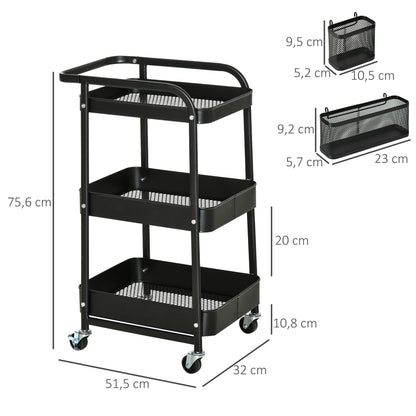 Serving Trolley with 3 Levels Kitchen Cart with Wheels Handle Trolley with Hooks and Basket, Kitchen Shelf, Utility Cart for Kitchen Office Bathroom, Black