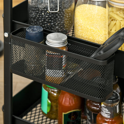 Serving Trolley with 3 Levels Kitchen Cart with Wheels Handle Trolley with Hooks and Basket, Kitchen Shelf, Utility Cart for Kitchen Office Bathroom, Black