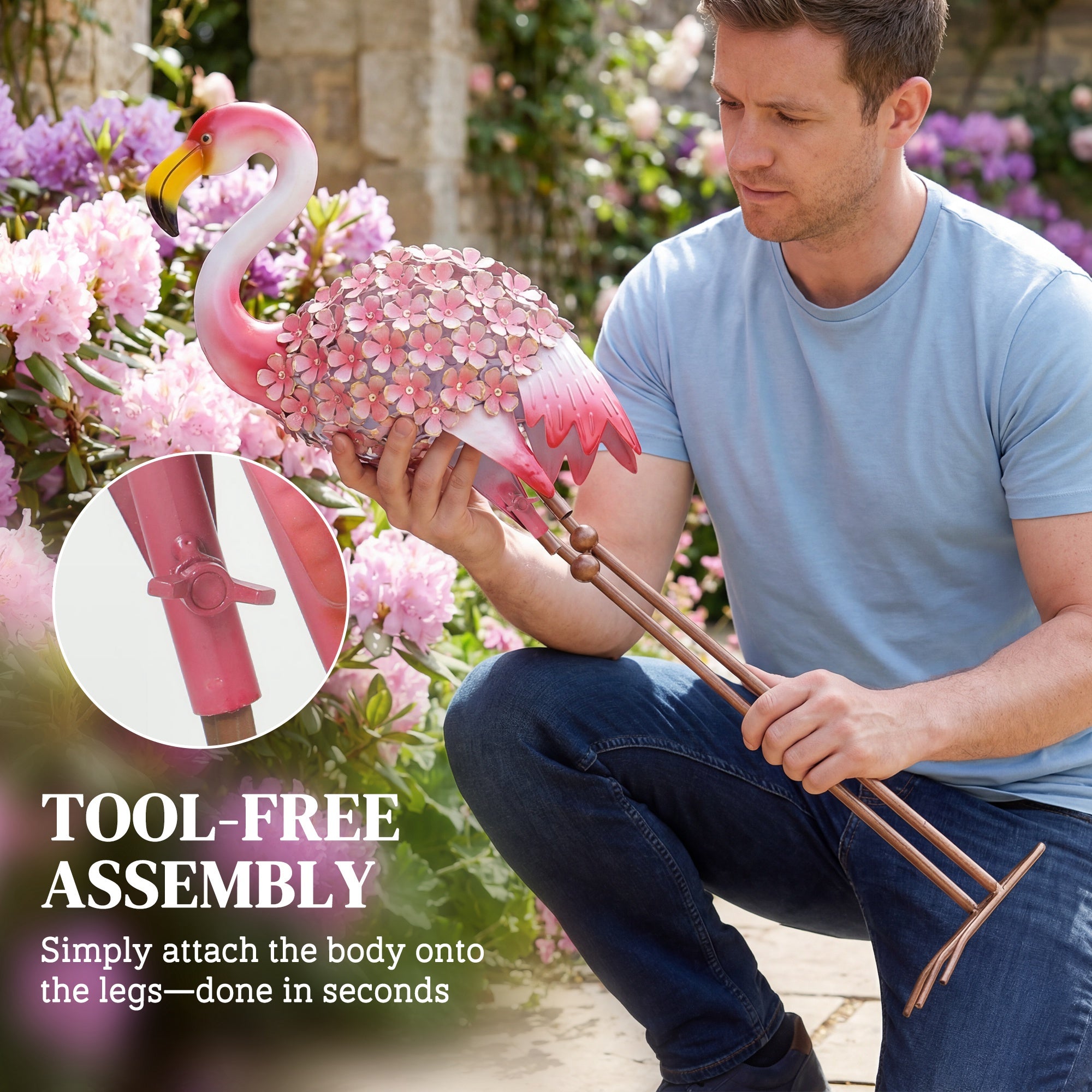 Flamingo Garden Statues Set of 2 — Metal Floral-Feather Birds with U-Stakes, Lawn & Pond Decorations, Red