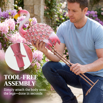 Flamingo Garden Statues Set of 2 — Metal Floral-Feather Birds with U-Stakes, Lawn & Pond Decorations, Red