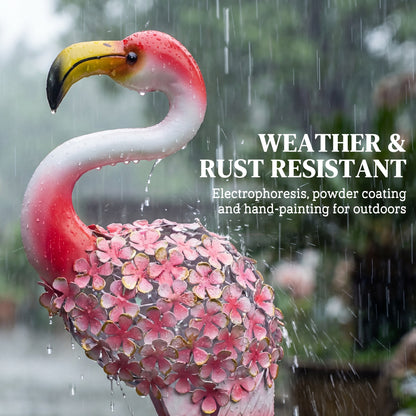 Flamingo Garden Statues Set of 2 — Metal Floral-Feather Birds with U-Stakes, Lawn & Pond Decorations, Red