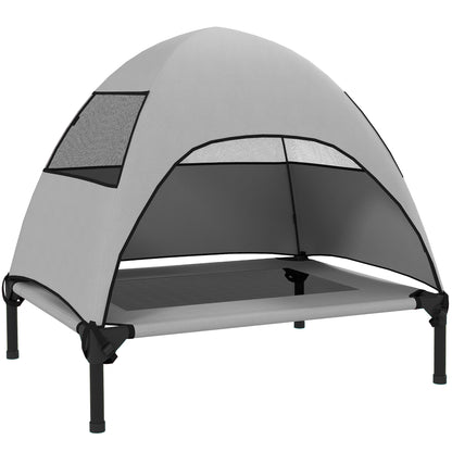 Outdoor Dog Lounge with Roof, Elevated Dog Bed for Medium Dogs, Cooling Pet Lounge with Washable Mesh Metal Frame Carry Bag, Pet Bed for Outdoor Camping 76x61x71cm, Light Grey
