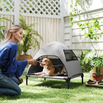 Outdoor Dog Lounge with Roof, Elevated Dog Bed for Medium Dogs, Cooling Pet Lounge with Washable Mesh Metal Frame Carry Bag, Pet Bed for Outdoor Camping 76x61x71cm, Light Grey