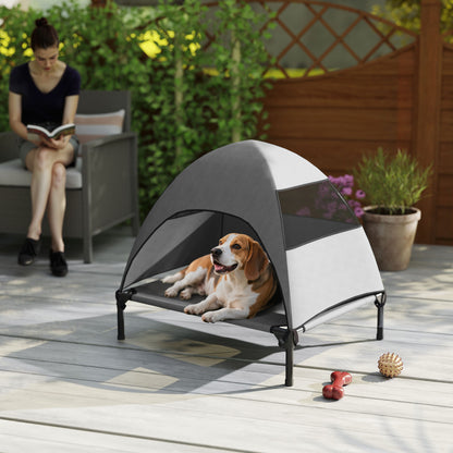 Outdoor Dog Lounge with Roof, Elevated Dog Bed for Medium Dogs, Cooling Pet Lounge with Washable Mesh Metal Frame Carry Bag, Pet Bed for Outdoor Camping 76x61x71cm, Light Grey
