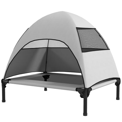 Outdoor Dog Lounge with Roof, Elevated Dog Bed for Medium Dogs, Cooling Pet Lounge with Washable Mesh Metal Frame Carry Bag, Pet Bed for Outdoor Camping 76x61x71cm, Light Grey