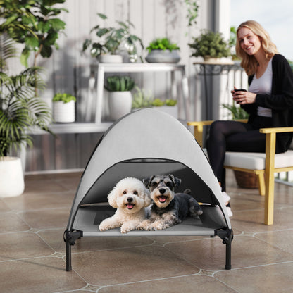 Outdoor Dog Lounge with Roof, Elevated Dog Bed for Medium Dogs, Cooling Pet Lounge with Washable Mesh Metal Frame Carry Bag, Pet Bed for Outdoor Camping 76x61x71cm, Light Grey