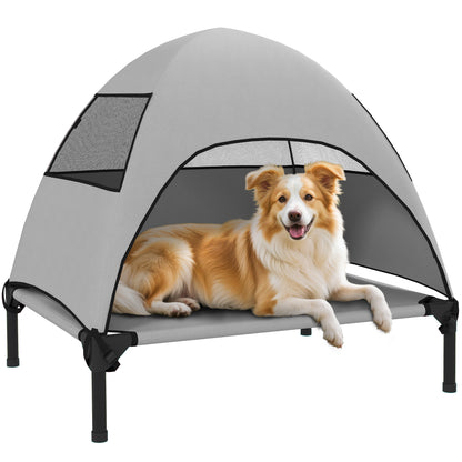 Outdoor Dog Lounge with Roof, Elevated Dog Bed for Medium Dogs, Cooling Pet Lounge with Washable Mesh Metal Frame Carry Bag, Pet Bed for Outdoor Camping 76x61x71cm, Light Grey