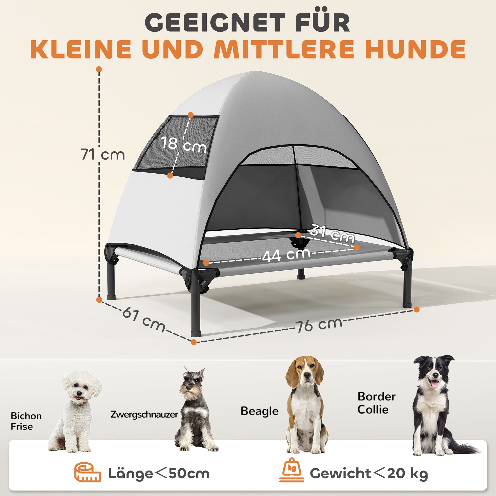 Outdoor Dog Lounge with Roof, Elevated Dog Bed for Medium Dogs, Cooling Pet Lounge with Washable Mesh Metal Frame Carry Bag, Pet Bed for Outdoor Camping 76x61x71cm, Light Grey