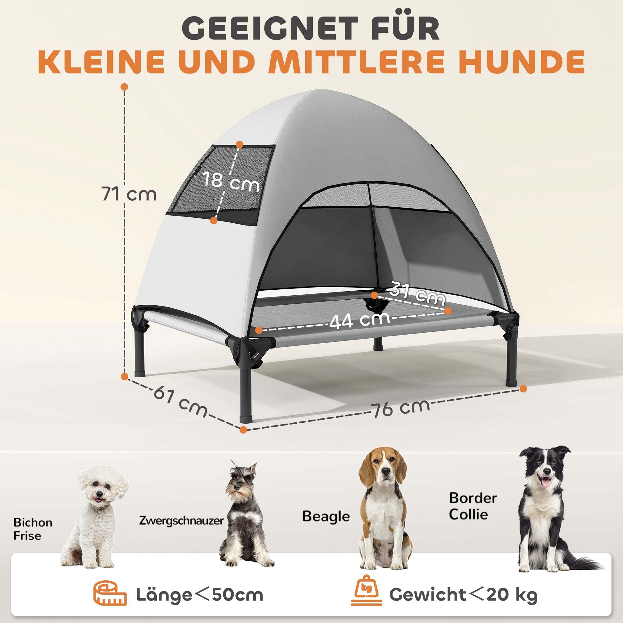 Outdoor Dog Lounge with Roof, Elevated Dog Bed for Medium Dogs, Cooling Pet Lounge with Washable Mesh Metal Frame Carry Bag, Pet Bed for Outdoor Camping 76x61x71cm, Light Grey