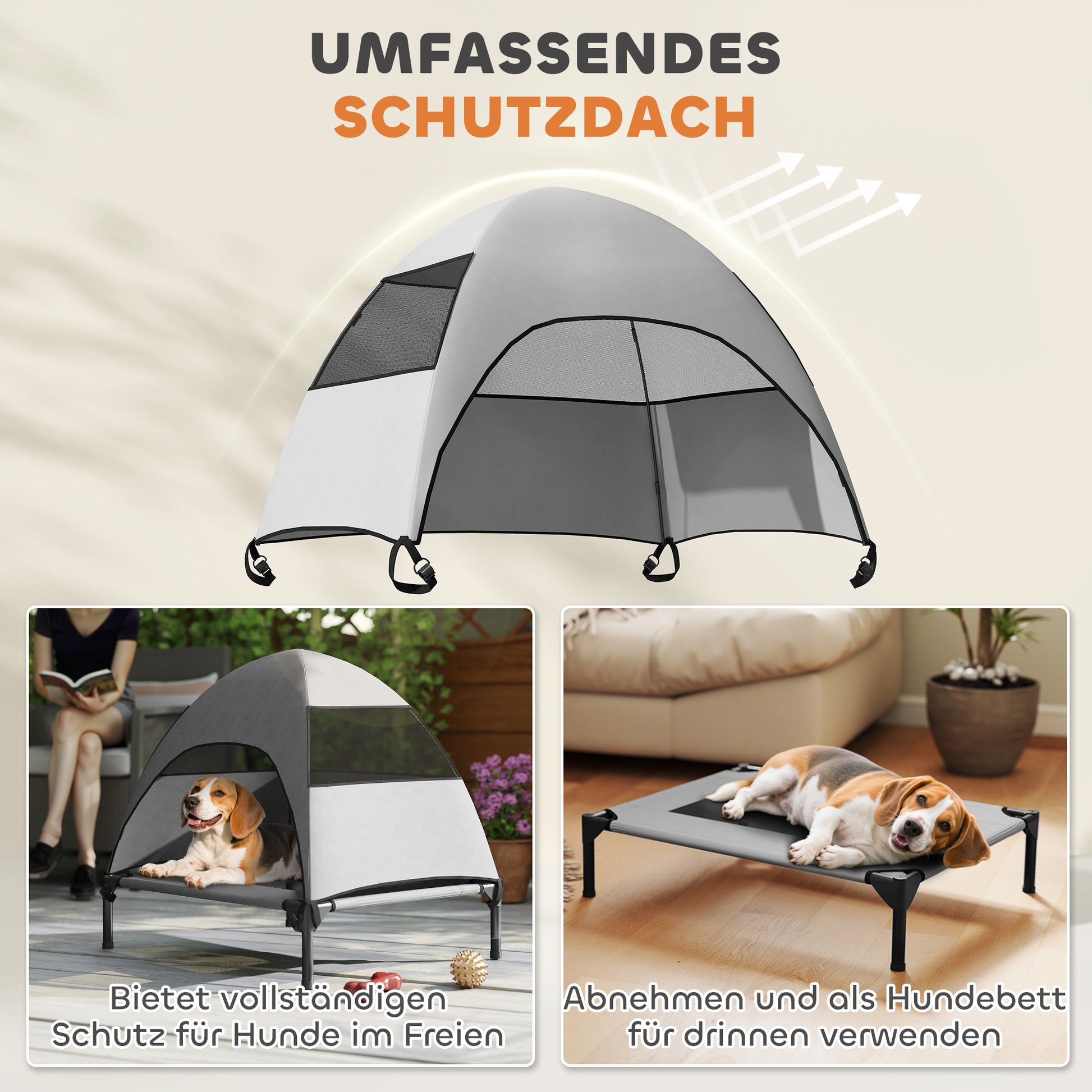 Outdoor Dog Lounge with Roof, Elevated Dog Bed for Medium Dogs, Cooling Pet Lounge with Washable Mesh Metal Frame Carry Bag, Pet Bed for Outdoor Camping 76x61x71cm, Light Grey